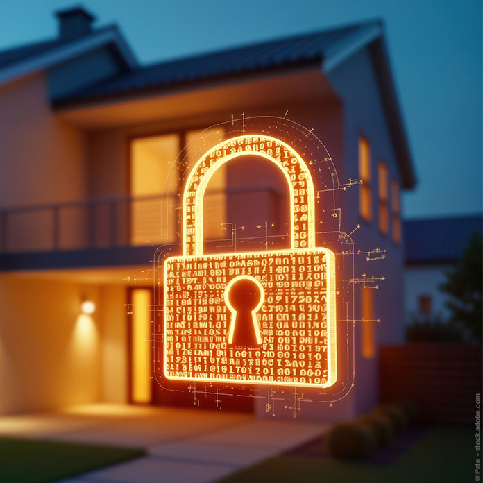 Modernes Haus bei Nacht, geschützt durch ein intelligentes Sicherheitssystem.